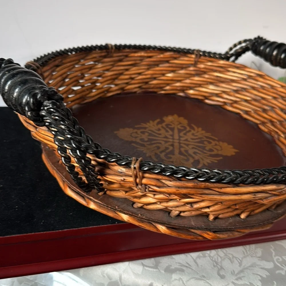 Vintage Decorative Woven Basket with metal and wood Handles. Hand painted